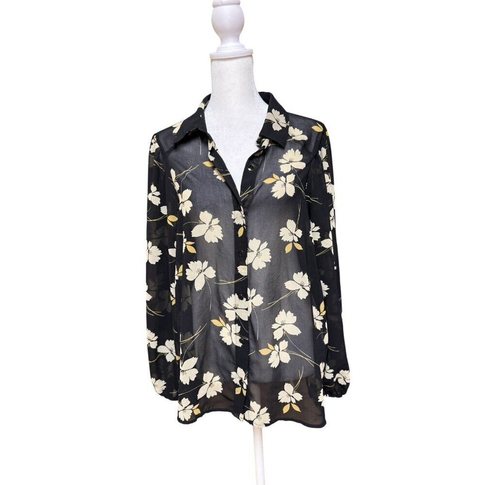 Cabi Sheer Floral Blouse Size Small Black White Long Sleeve